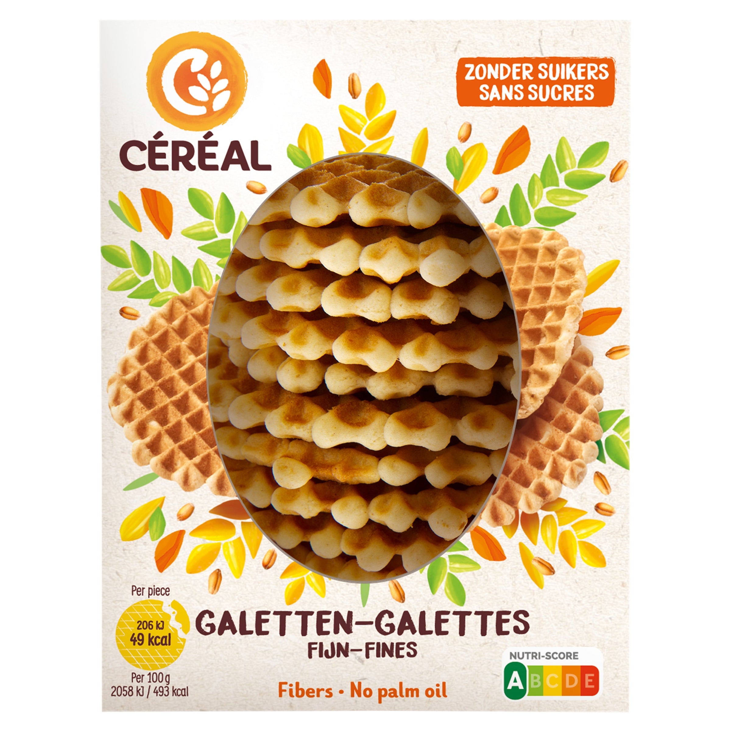 Cereal Galetten fijn zonder suikers koeken in 150g package, showing golden-brown sugar-free cereal cookies with crumbled texture.