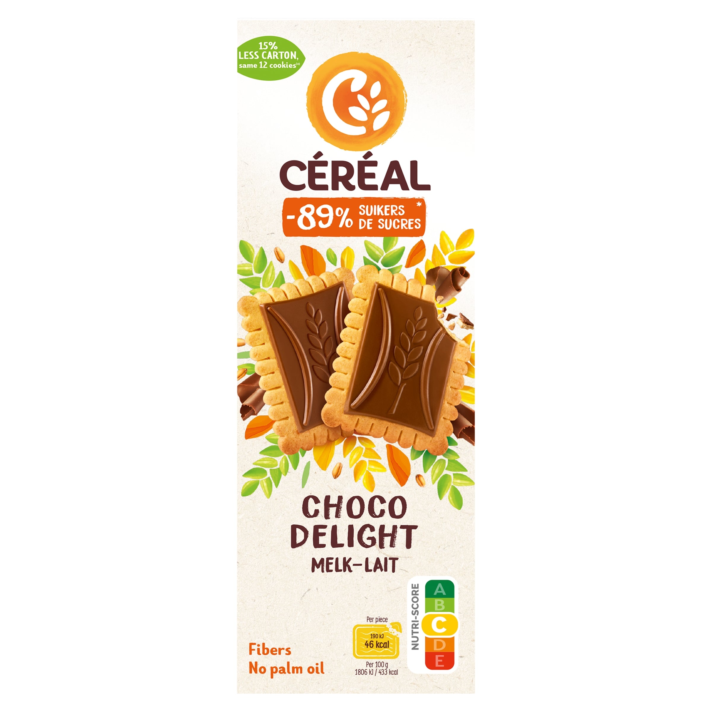 Cereal Choco Delight melkchocolade koeken with less sugar, 126g, featuring chocolate-covered cereal biscuits in a close-up image.