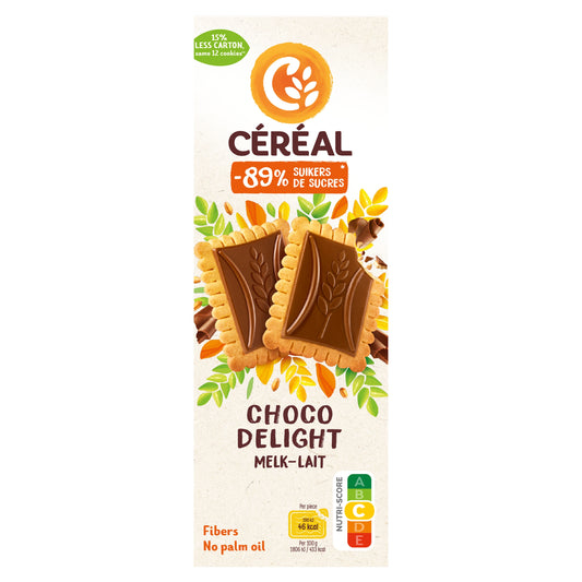Cereal Choco Delight melkchocolade koeken with less sugar, 126g, featuring chocolate-covered cereal biscuits in a close-up image.