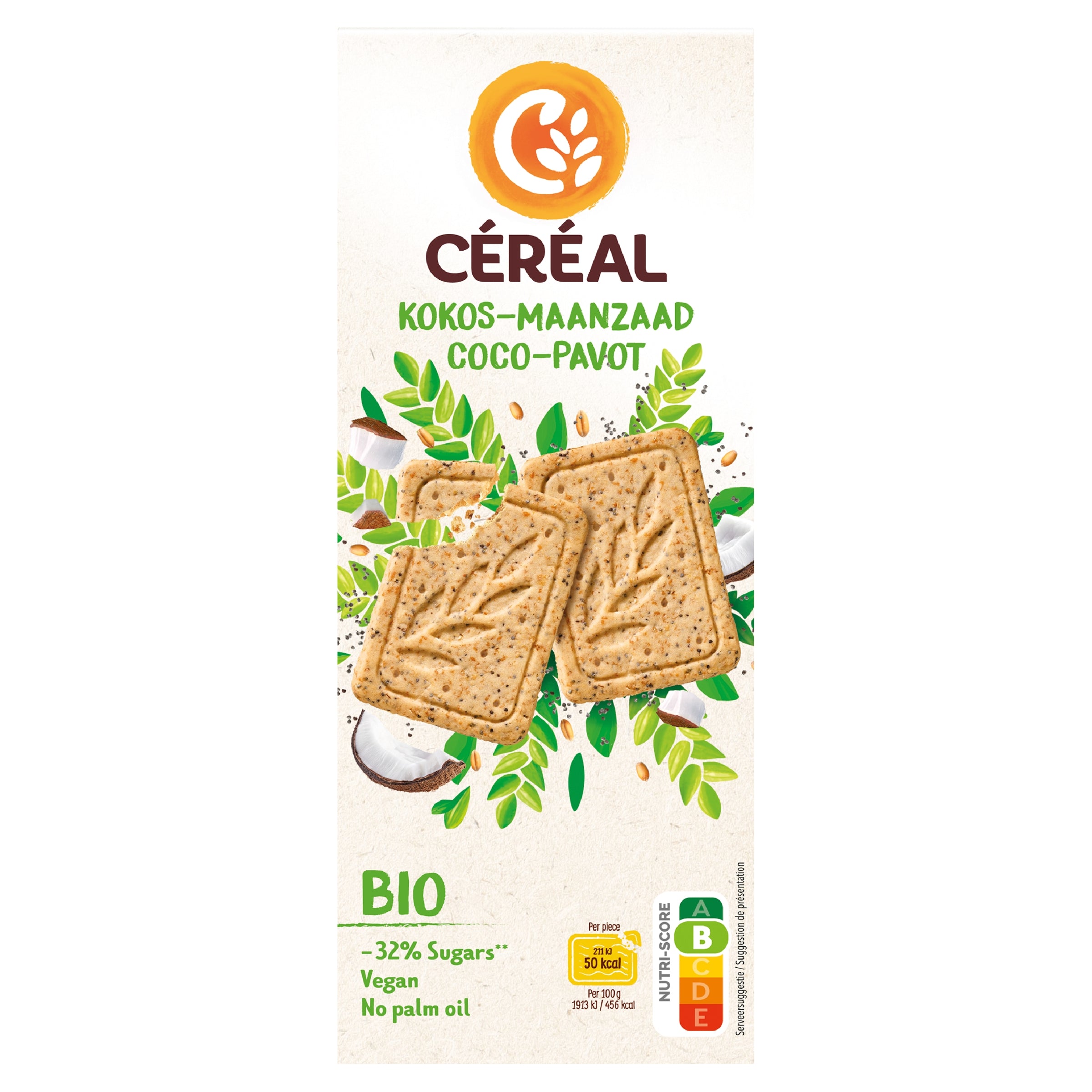 Cereal brand coconut and sesame seed organic cookies, 132 grams, close-up of crunchy, golden-brown koeken with coconut flakes.