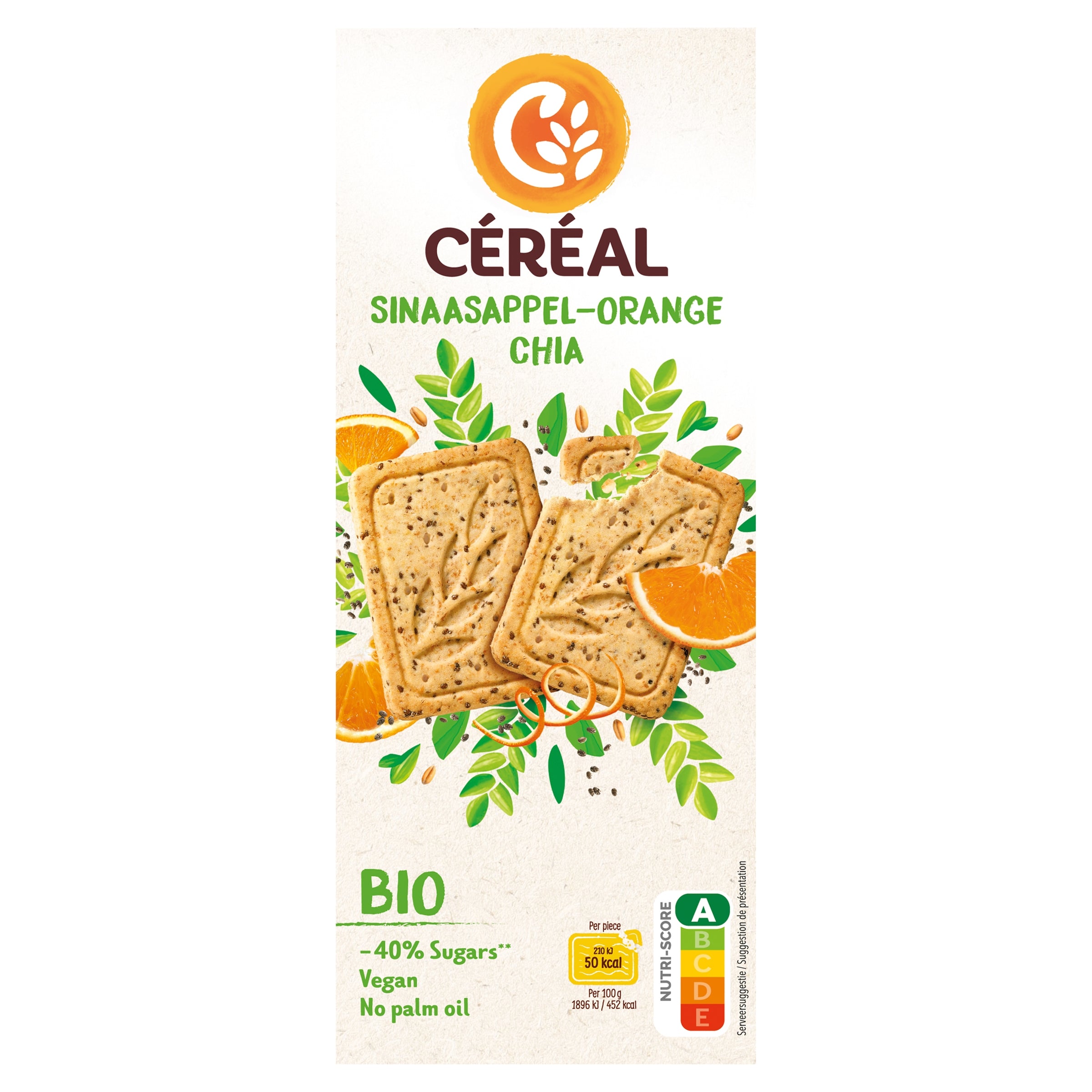 Bio Cereal Koekjes sinaasappel chiazaad, 132g, featuring orange-flavored cookies with chia seeds on a white background.