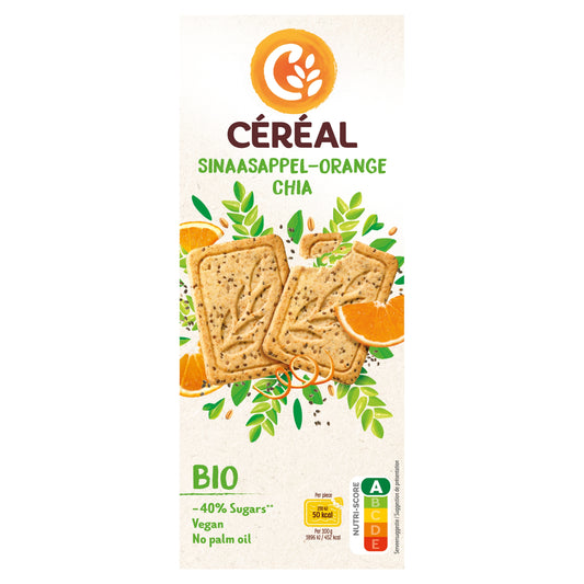 Bio Cereal Koekjes sinaasappel chiazaad, 132g, featuring orange-flavored cookies with chia seeds on a white background.
