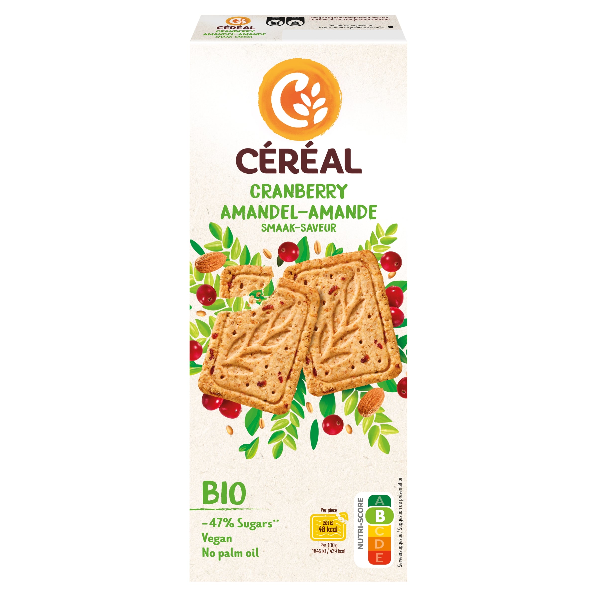 Cereal brand cranberry almond organic cookies, 132 grams, featuring crunchy cookies with cranberries and almonds.