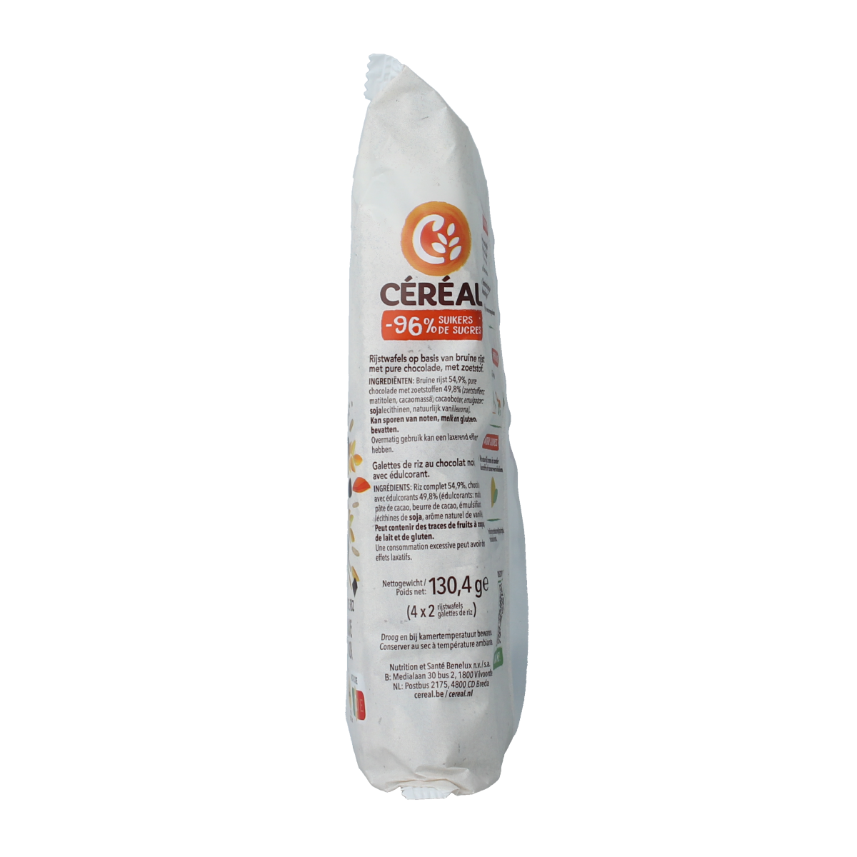 Cereal Rijstwafels pure chocolade, 130g, crispy rice cakes with chocolate coating from Cereal brand.