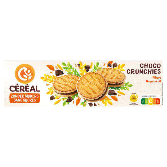 Cereal Choco Crunchies zonder suikers, 185g, crunchy chocolate-flavored cookies in a resealable bag.