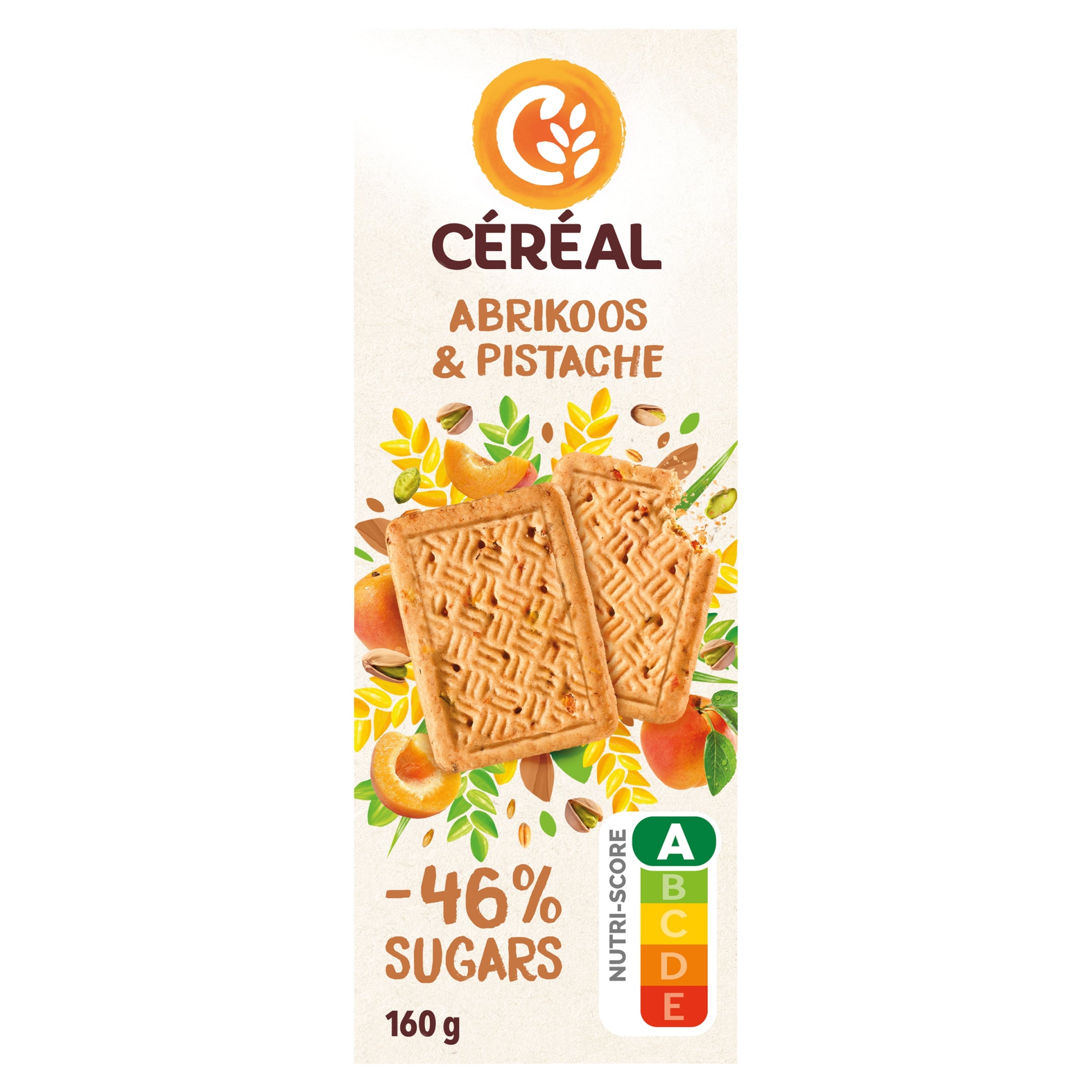 Cereal brand cereal koeken with apricot and pistachio flavor, 160g, featuring golden-brown cookies with visible apricot and pistachio pieces.