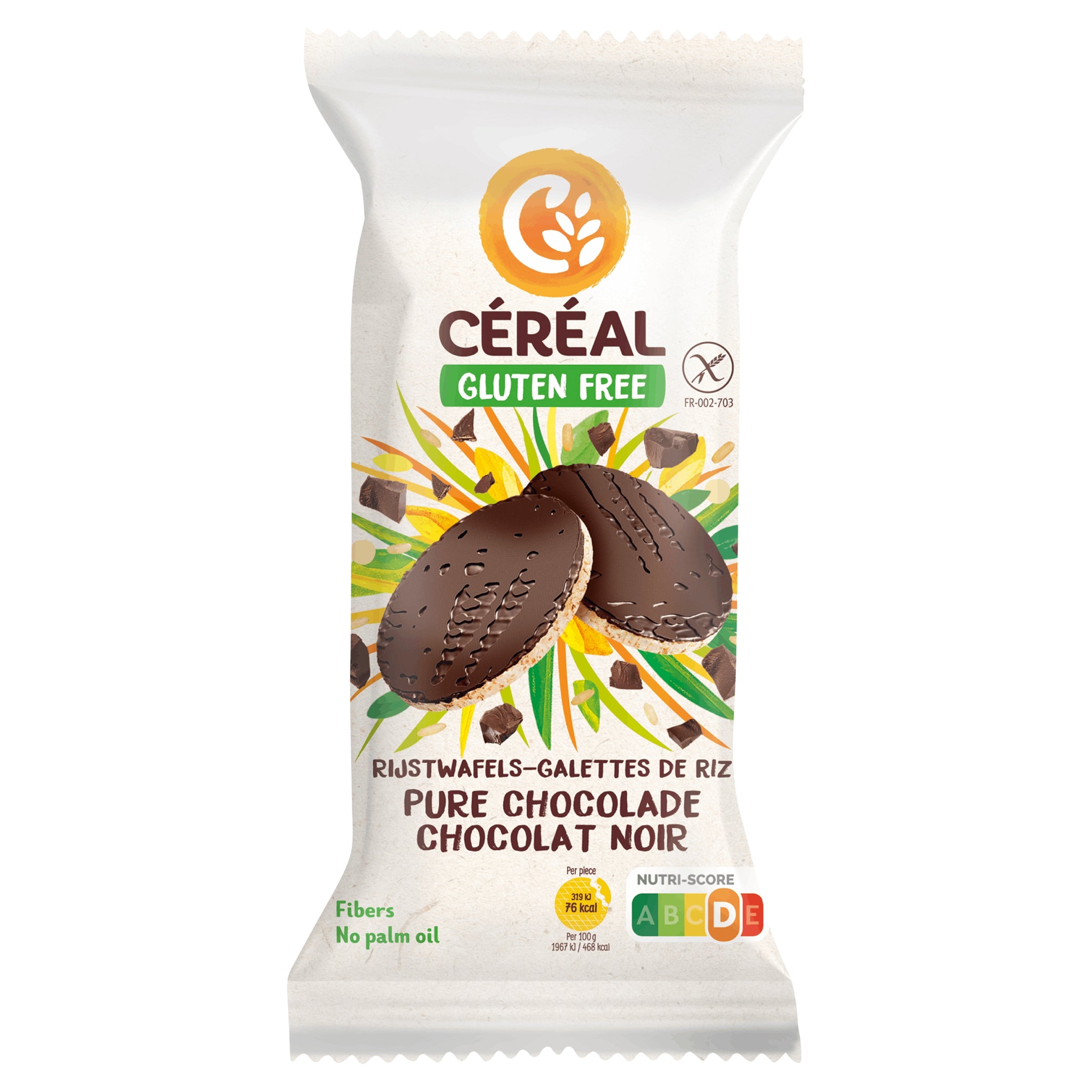 Cereal brand gluten-free rice cracker with pure chocolate, 130g, showing the crispy rice wafer coated in smooth chocolate.