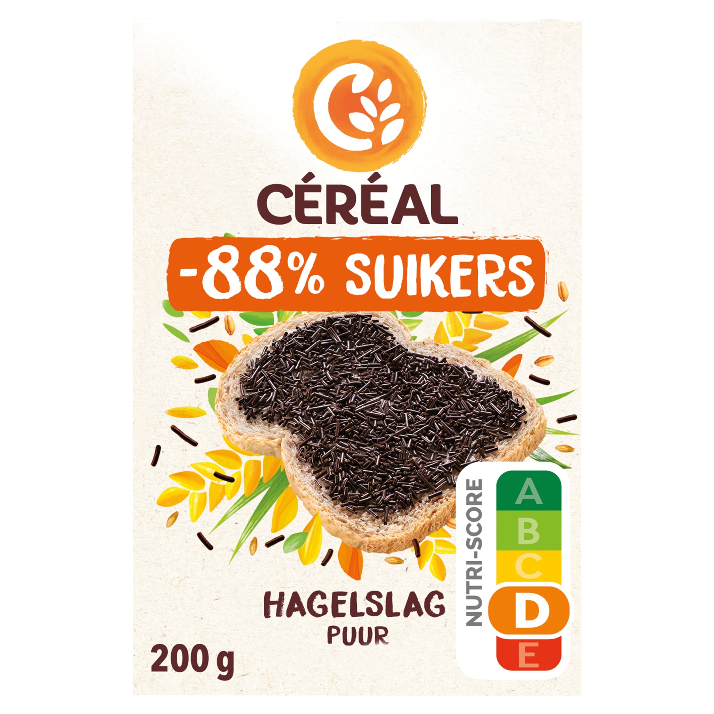 Cereal Hagelslag puur brooches on bread, 200g package, natural dark chocolate sprinkles from the Cereal brand.