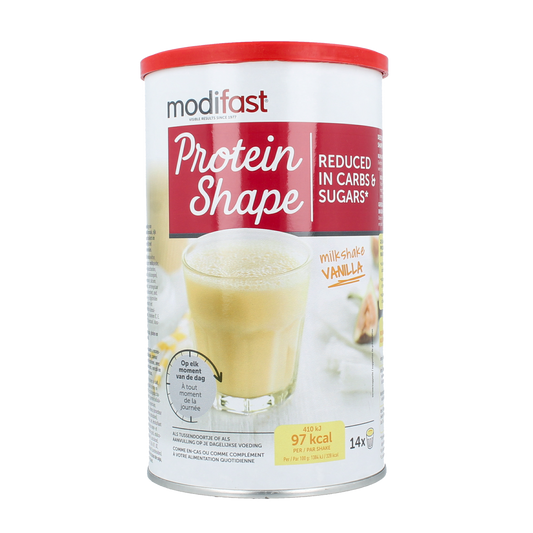 Modifast Proteine Shape vanilla milkshake in 420g container, creamy vanilla dessert powder with protein for meal replacement.