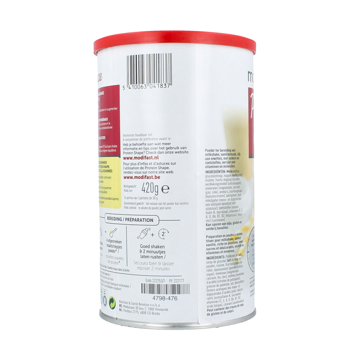 Modifast Proteine Shape vanilla milkshake in a 420g container, a vanilla-flavored powdered dessert supplement.