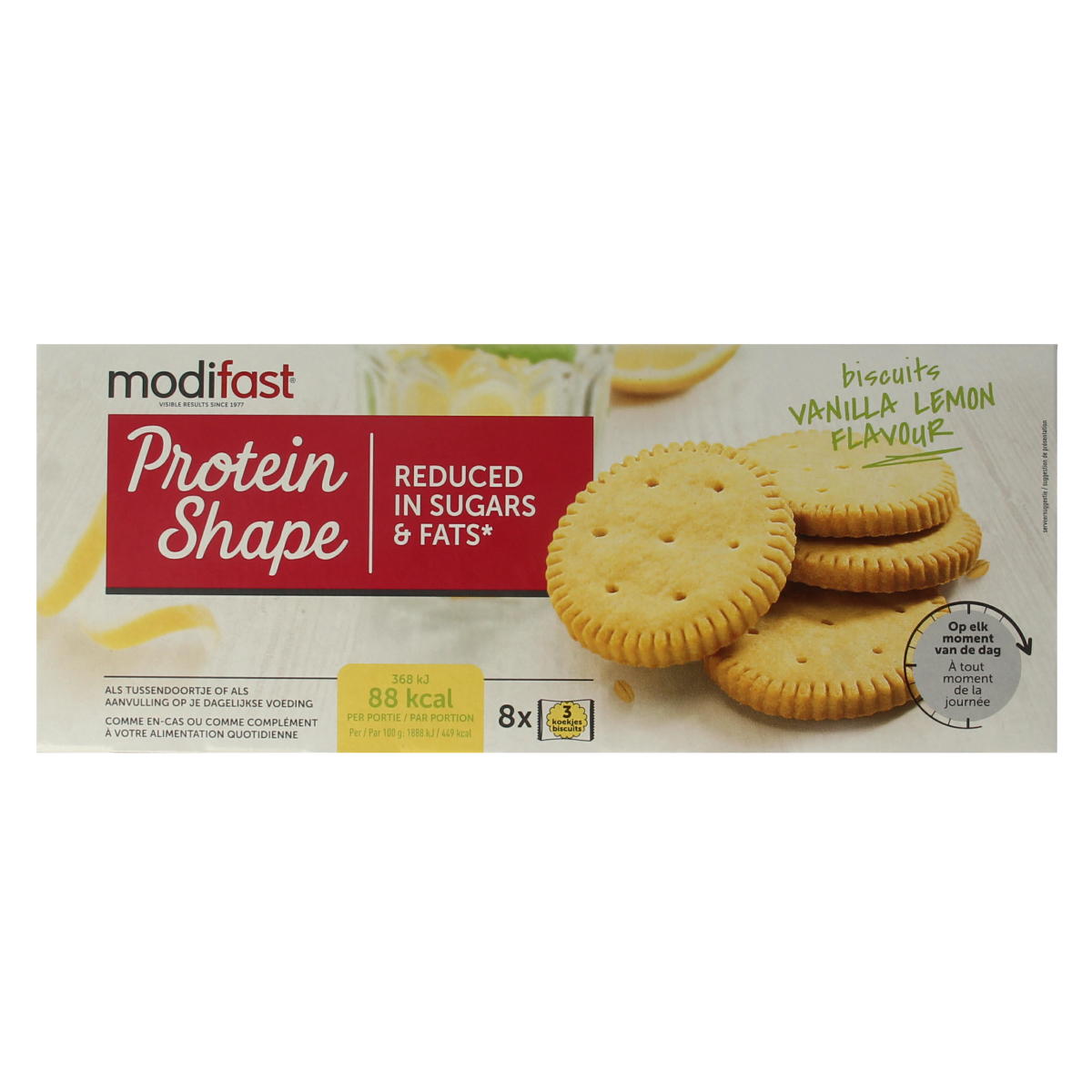Modifast vanilla and lemon protein biscuits for meal replacement, 156 grams, showing the packaging with biscuits inside.