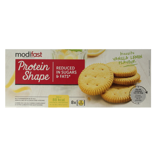 Modifast vanilla and lemon protein biscuits for meal replacement, 156 grams, showing the packaging with biscuits inside.