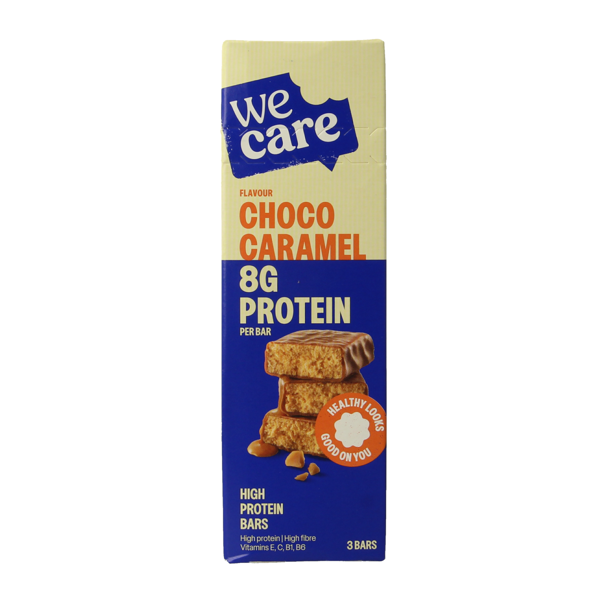 WeCare high protein snack bar with chocolate and caramel flavor, 81 grams, showing the chocolate coating and caramel filling.