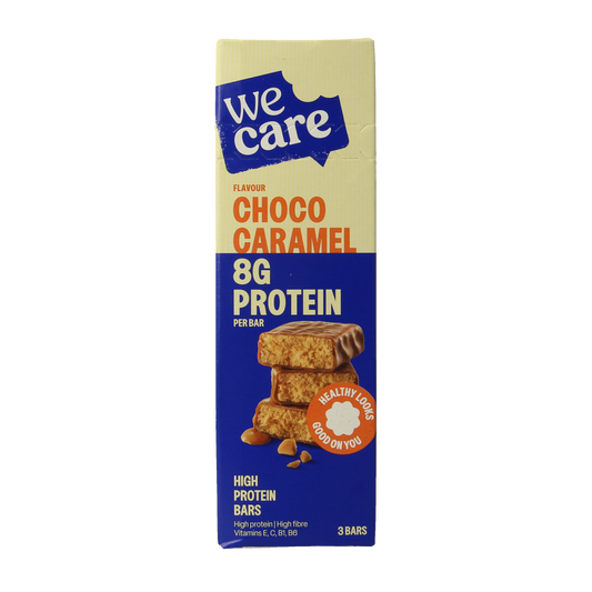 WeCare high protein snack bar with chocolate and caramel flavor, 81 grams, showing the chocolate coating and caramel filling.