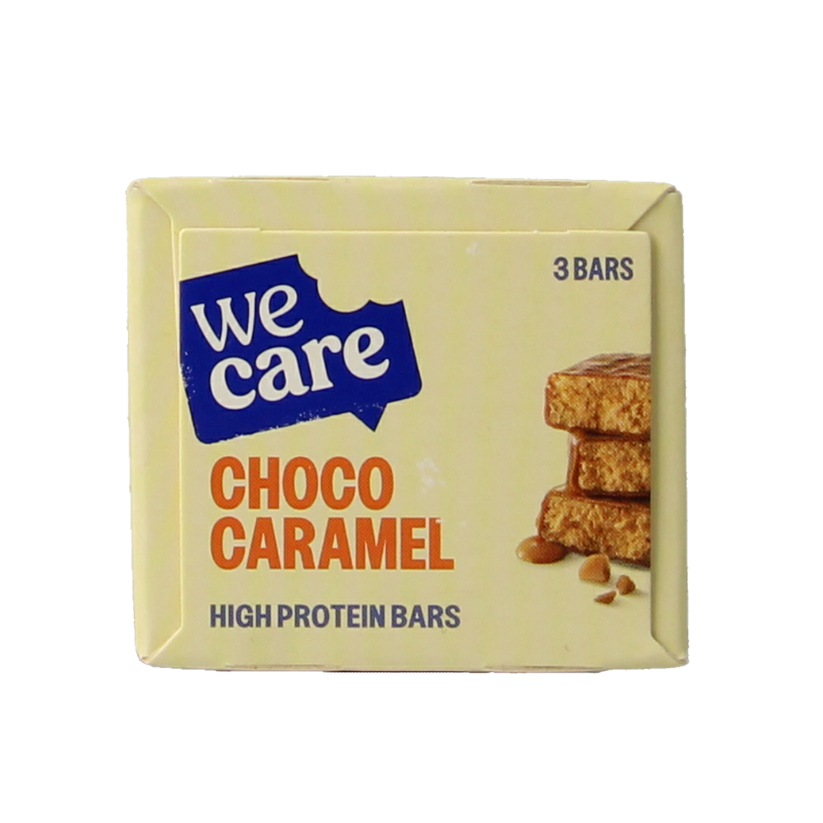 WeCare high protein chocolate caramel snack bar, 81 grams, with chocolate and caramel coating and visible texture.