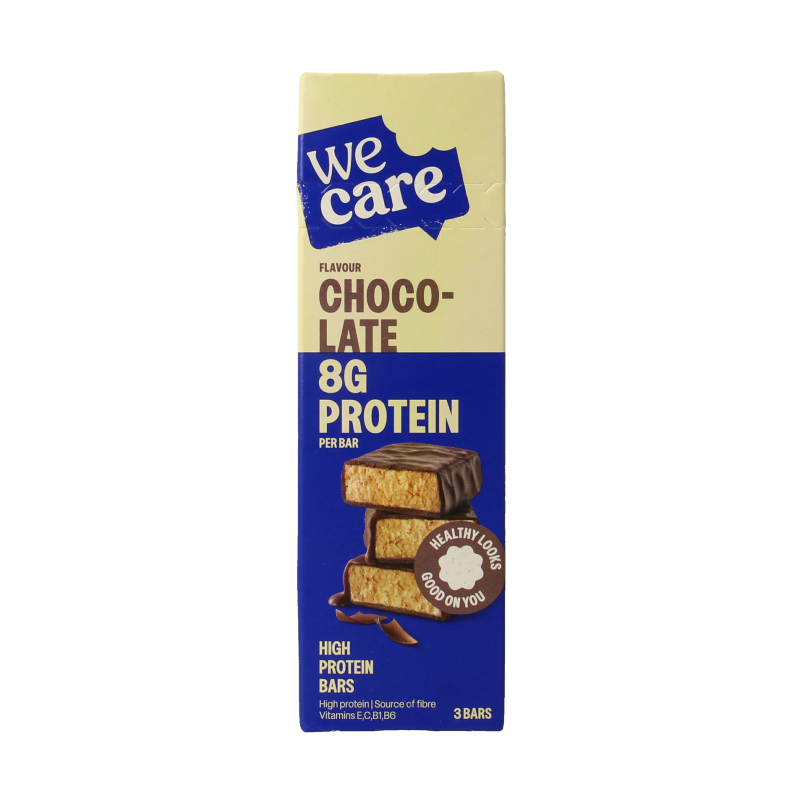 WeCare high protein chocolate snack bar, 81 grams, showing the chocolate-coated bar with branding on the packaging.