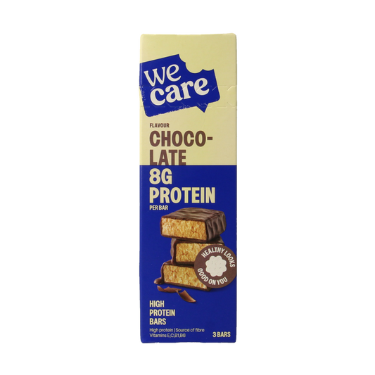 WeCare high protein chocolate snack bar, 81 grams, showing the chocolate-coated bar with branding on the packaging.
