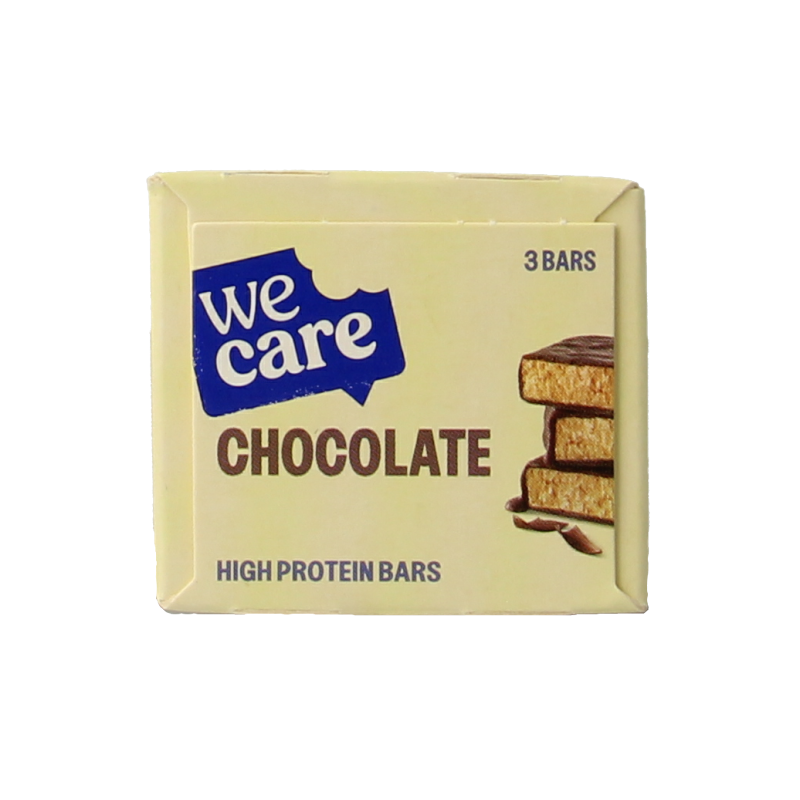 WeCare high protein chocolate snack bar, 81 grams, showing the chocolate-coated exterior and protein-rich interior.