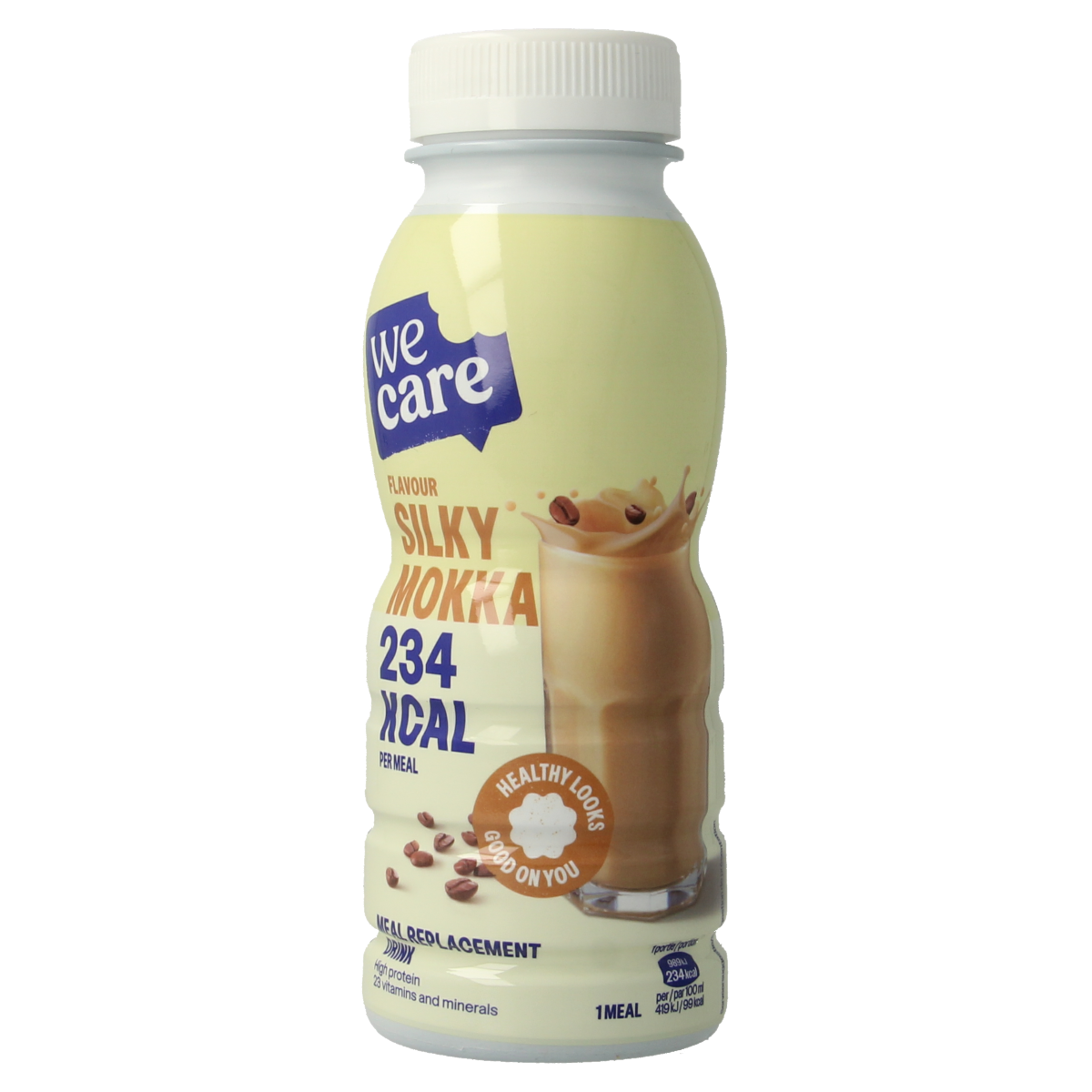 WeCare silky mokka meal replacement drink in a 236ml bottle, featuring a smooth mocha flavor and creamy texture.