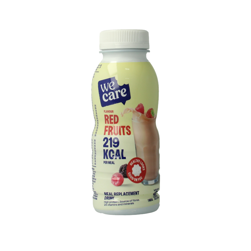 WeCare red fruits meal replacement drink in 236ml bottle, featuring fresh red fruit flavors and a nutritious liquid supplement.