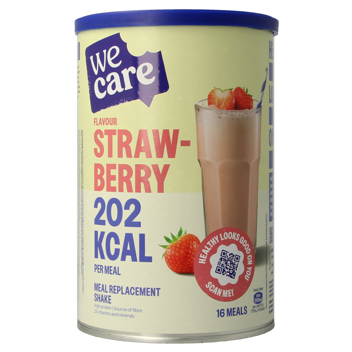WeCare strawberry meal replacement shake in a 436g container, showing the powder and packaging for drinks and juices.
