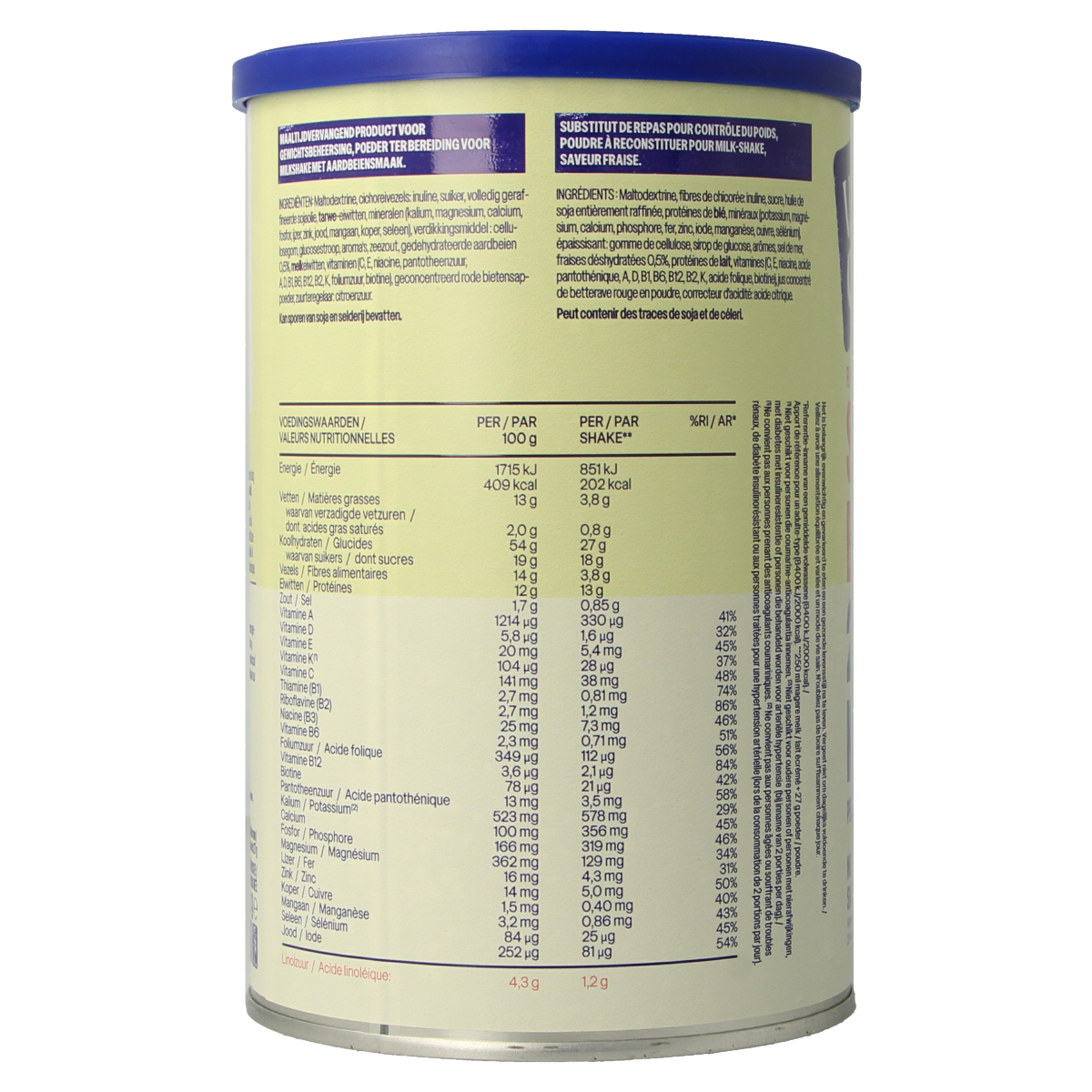 WeCare strawberry meal replacement shake in 436g container, showing the product label and packaging for Dranken en Sappen category.