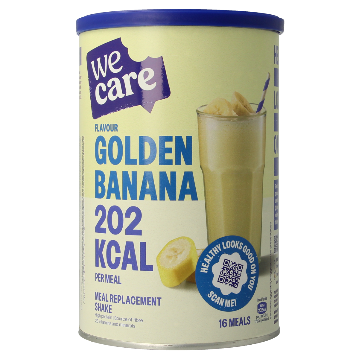 WeCare golden banana meal replacement shake in a 436g container, showing the powder and packaging for dranken en sappen.