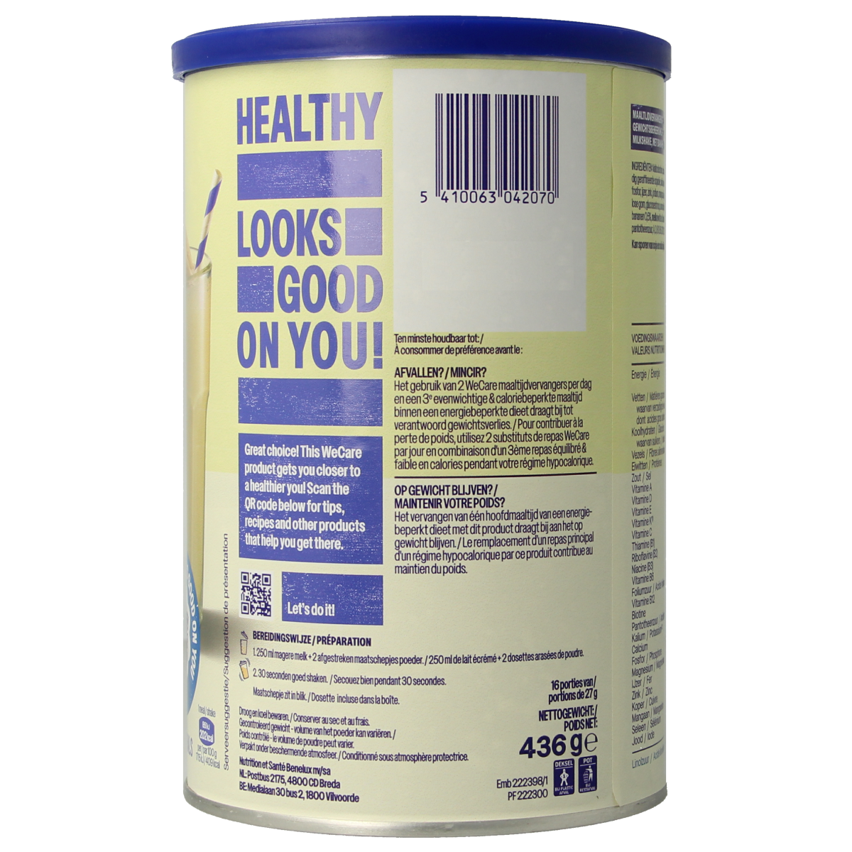 WeCare Golden Banana Meal Replacement Shake 436g, showing a close-up of the golden banana flavored drink in a glass.