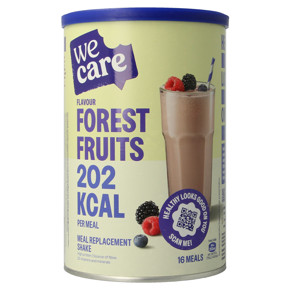 WeCare Forest Fruits Meal Replacement Shake 436g, showing a colorful bottle with mixed berry flavor in a clear glass.
