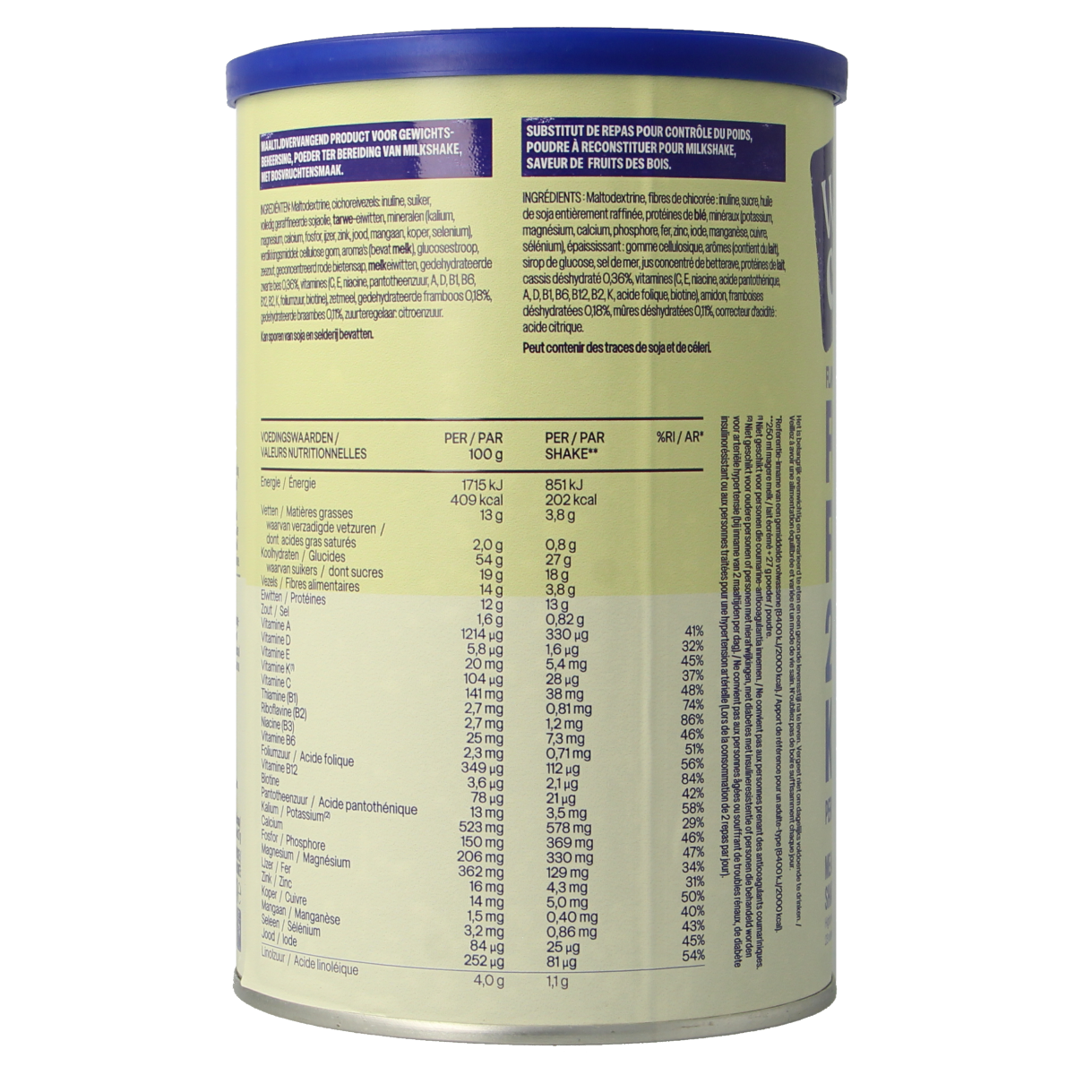 WeCare forest fruits meal replacement shake in 436g container, showing the colorful powdered mix and packaging.
