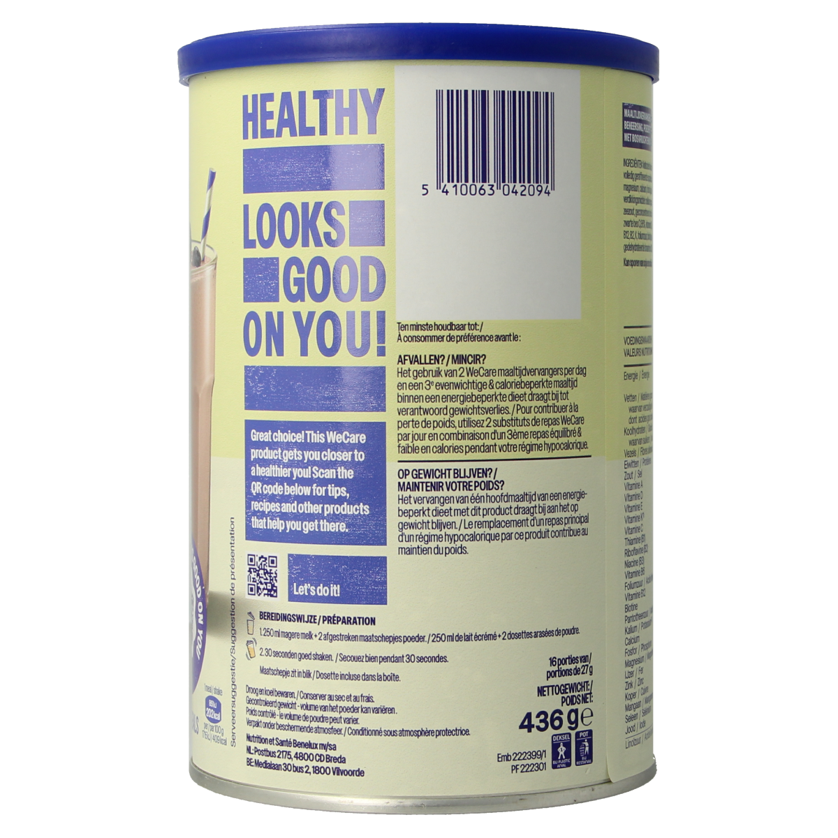 WeCare forest fruits meal replacement shake in 436g container, showing the colorful shake with fresh fruit pieces.