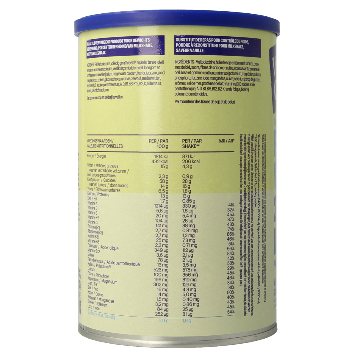 WeCare meal replacement shake in French vanilla flavor, 436 grams, in a tall container with a label showing vanilla flavor.