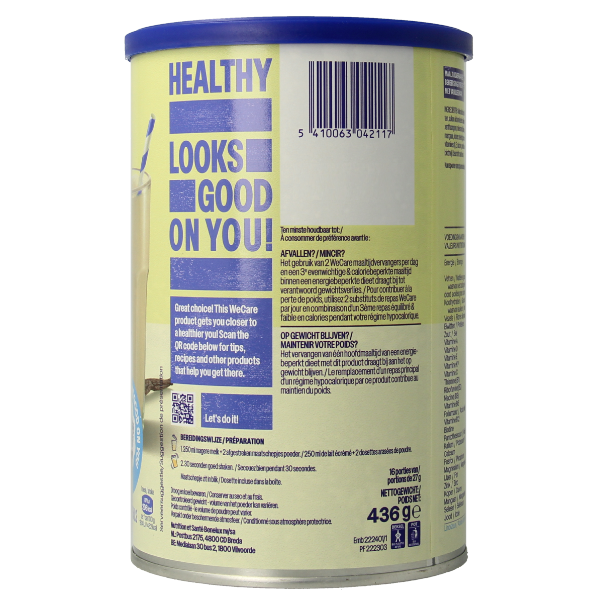 WeCare French vanilla meal replacement shake in a 436g container, featuring a creamy vanilla flavor and nutritious drink option.