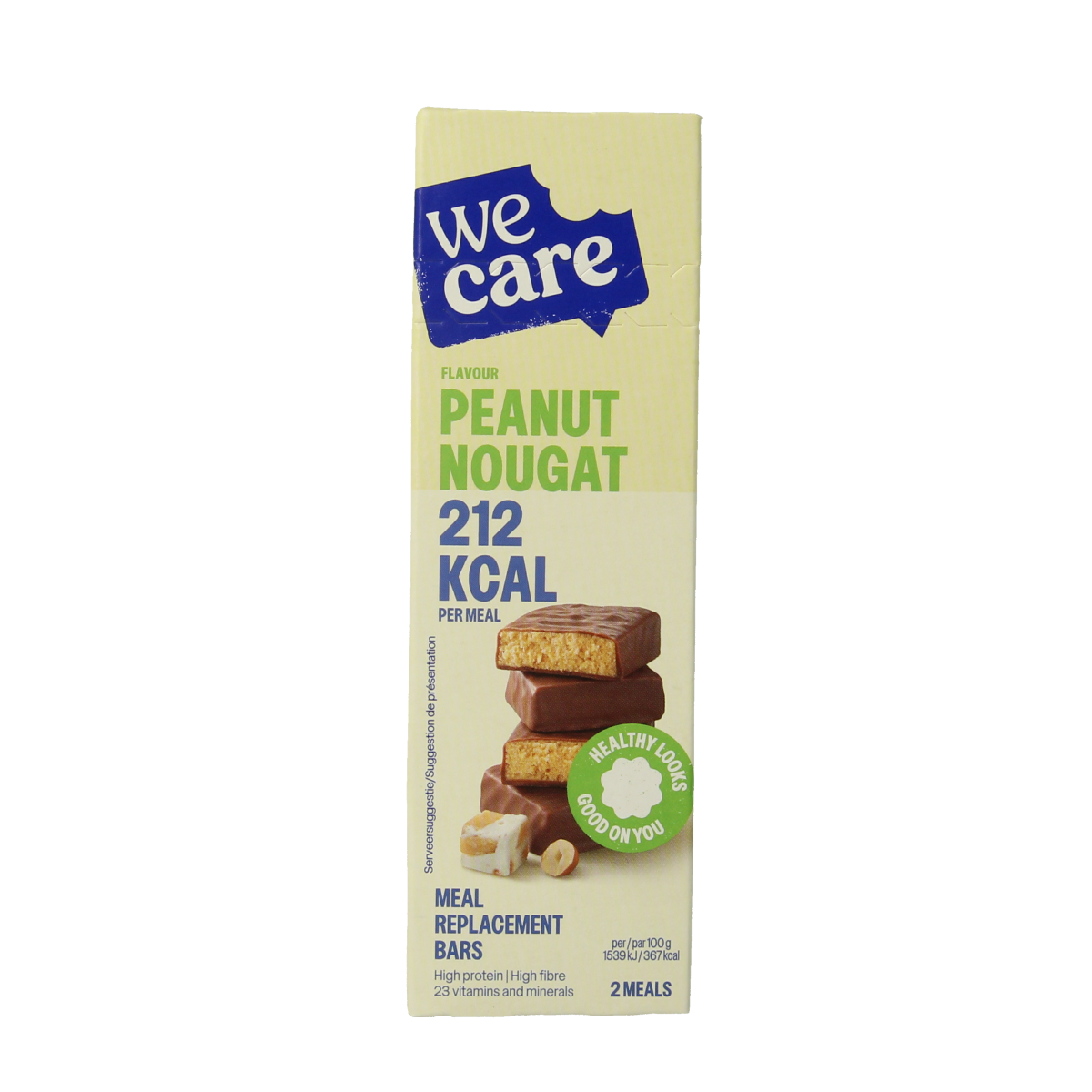 WeCare peanut nougat meal replacement bar, 116g, showing the snack with peanut and nougat ingredients in a wrapper.