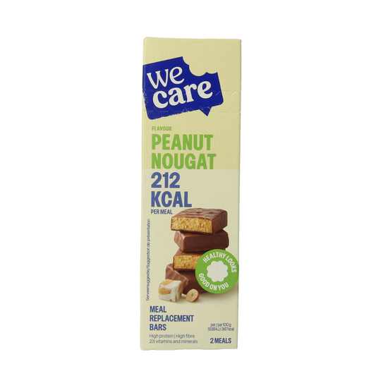 WeCare peanut nougat meal replacement bar, 116g, showing the snack with peanut and nougat ingredients in a wrapper.