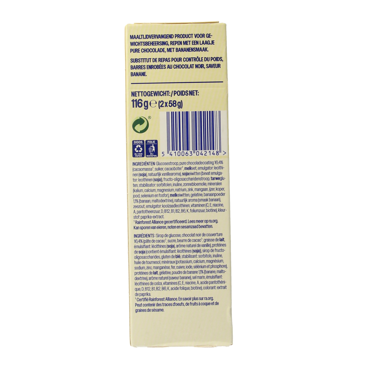 WeCare fruity banana meal replacement bar, 116g, snack or tussendoortje with banana flavor and nutrition-focused ingredients.