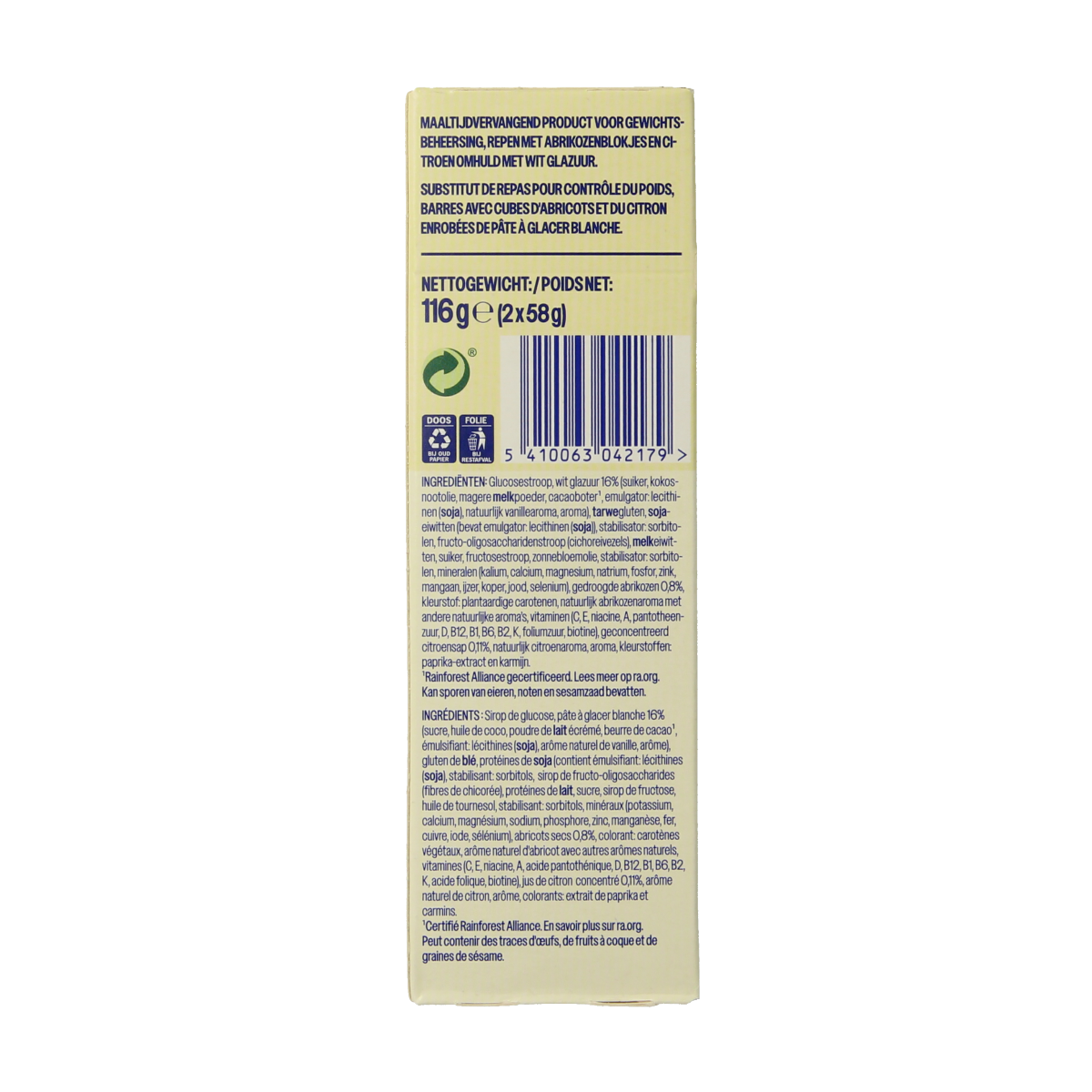 WeCare apricot and lemon meal replacement snack bar, 116g, showing the packaged bar with apricot and lemon flavor ingredients.