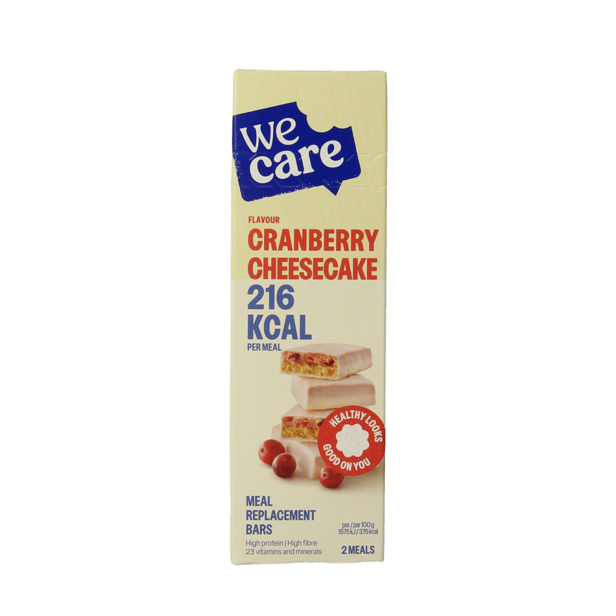 WeCare cranberry cheesecake meal replacement bars, 116g, showing the snack bar with cranberry and cheesecake flavors.