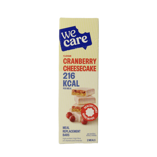 WeCare cranberry cheesecake meal replacement bars, 116g, showing the snack bar with cranberry and cheesecake flavors.
