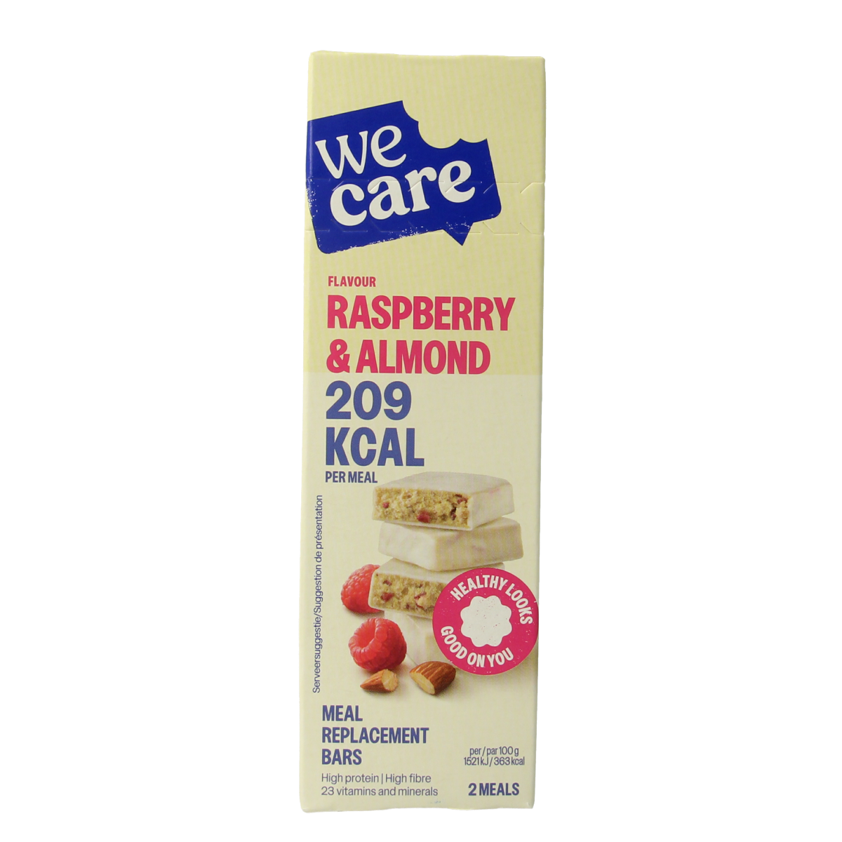 WeCare raspberry and almond meal replacement snack bar, 116g, showing the bar with raspberries and almonds on the packaging.
