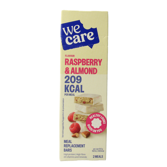 WeCare raspberry and almond meal replacement snack bar, 116g, showing the bar with raspberries and almonds on the packaging.