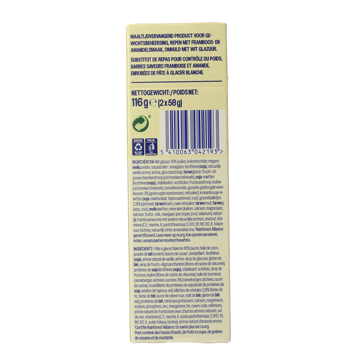 WeCare raspberry and almond meal replacement snack bar, 116g, with fresh raspberry and crunchy almonds visible in the image.