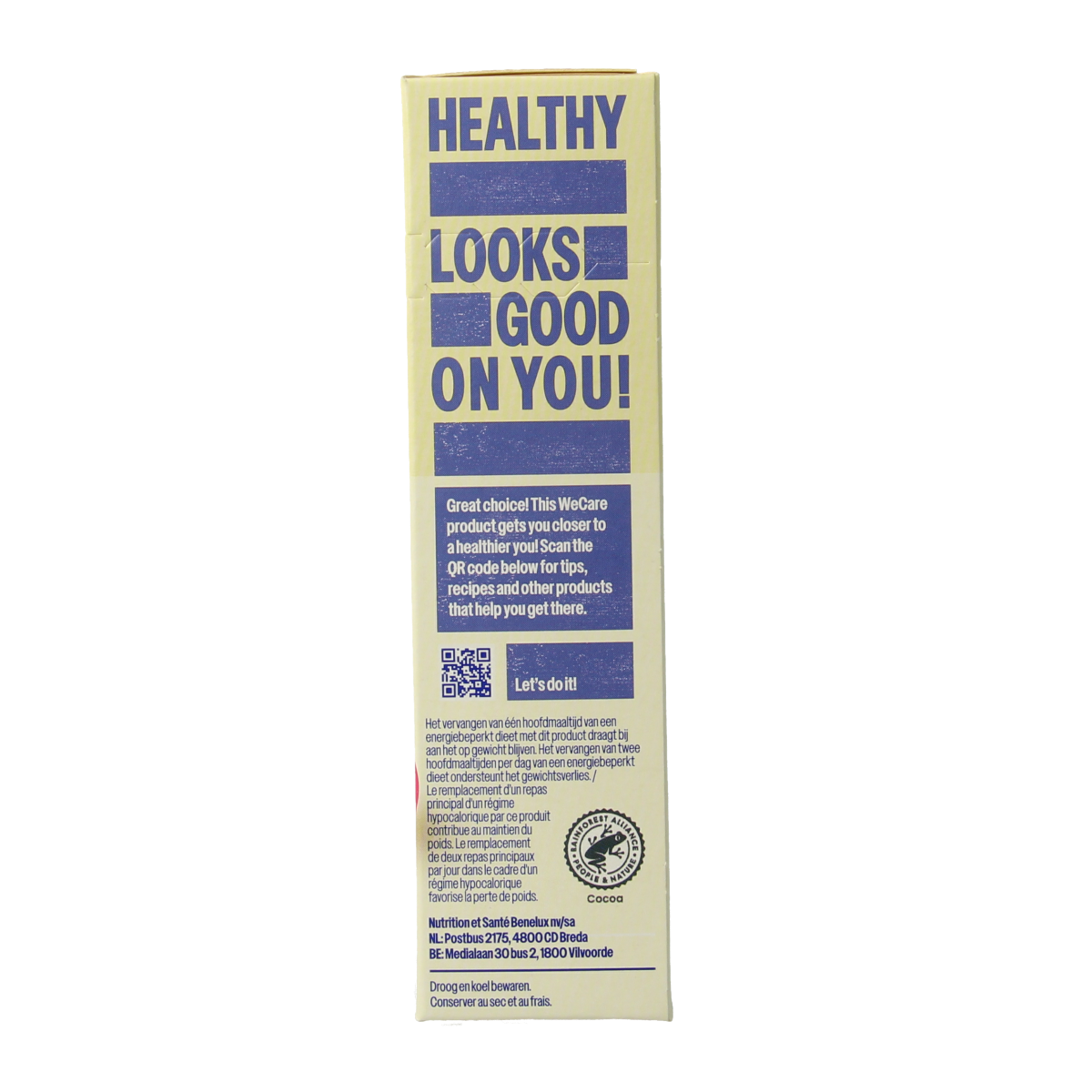 WeCare raspberry and almond meal replacement snack bar, 116g, showing the bar with visible raspberries and almonds on the packaging.