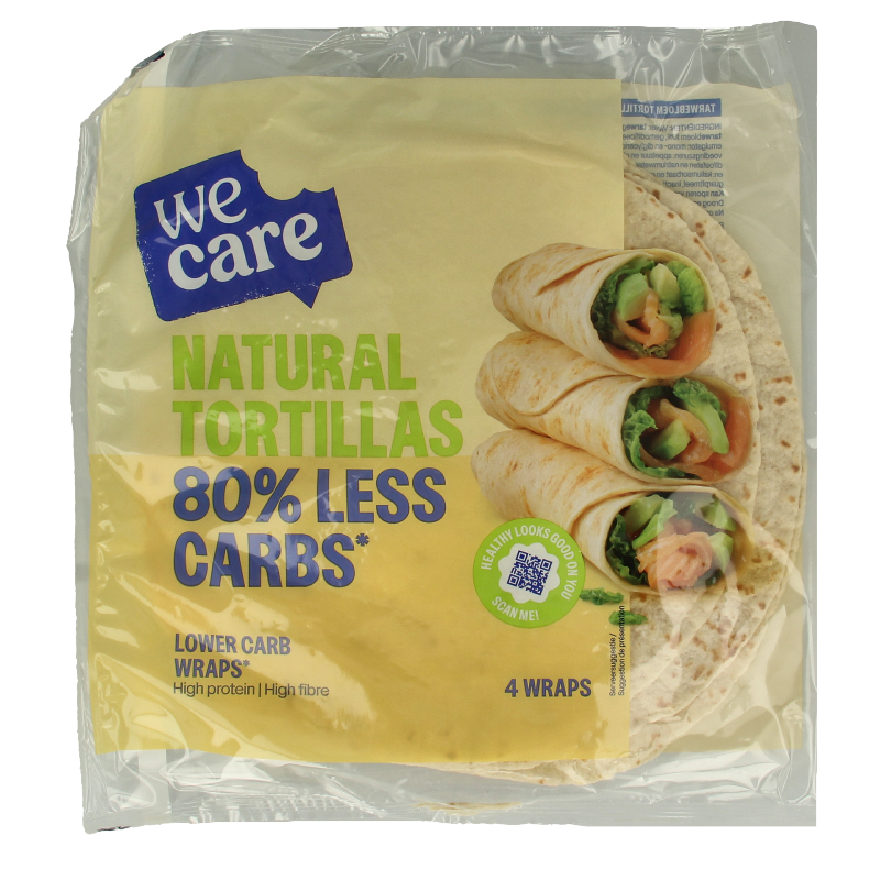 WeCare low-calorie, natural tortillas for pizza and wraps, 160 grams, showing soft, flexible wraps ideal for healthy meals.