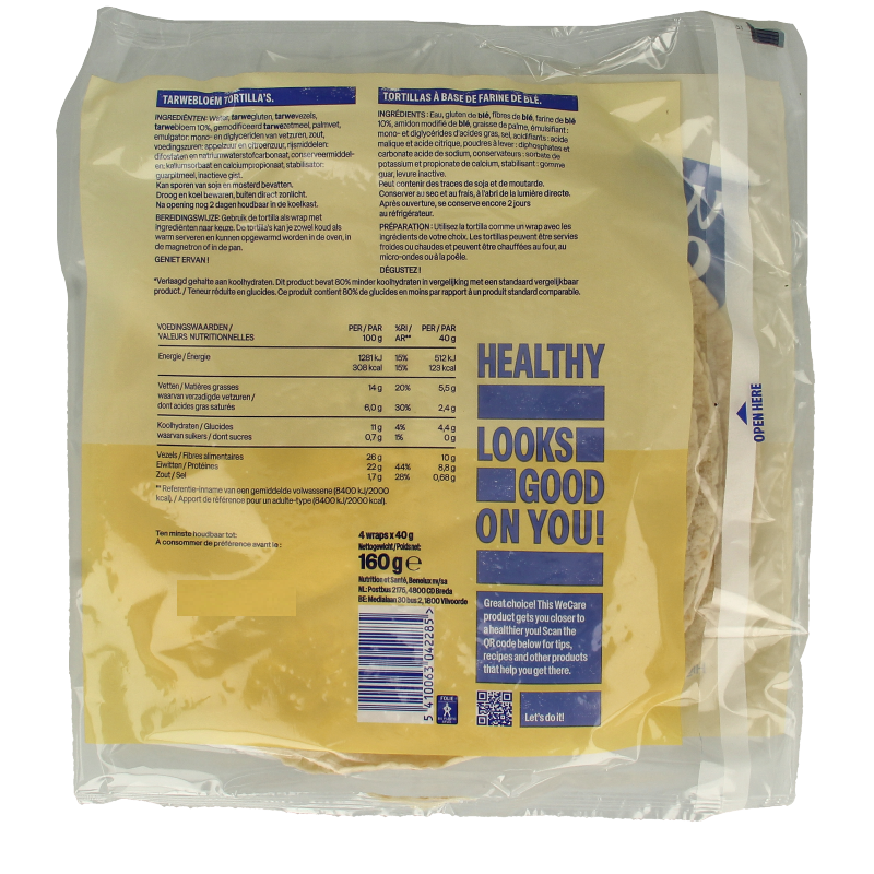 WeCare lower kcal and carb natural tortillas used for making pizza or wraps, shown in package with 160 grams.