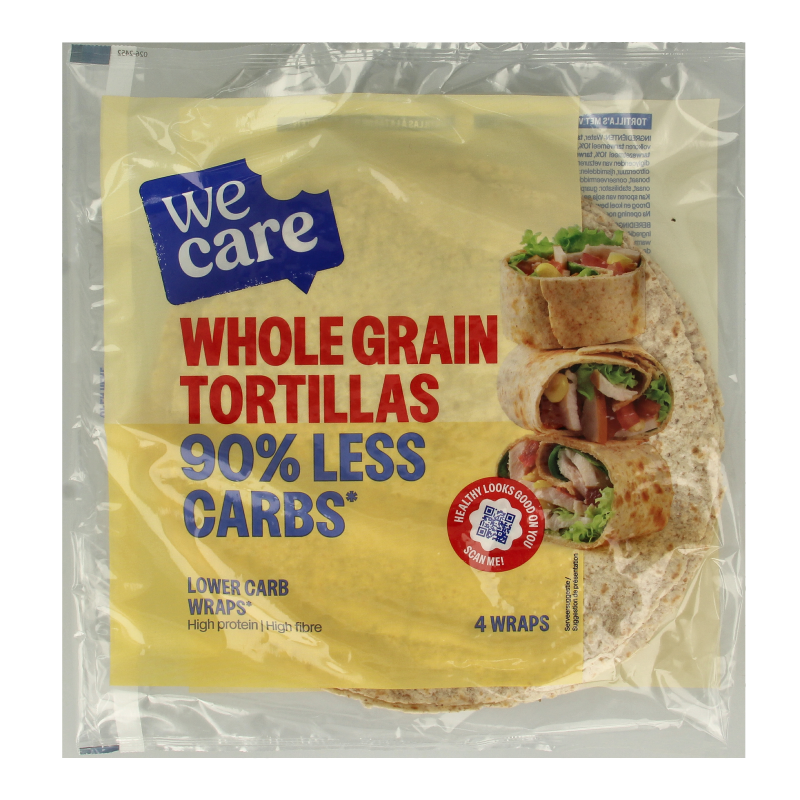 Whole grain tortillas from WeCare, low calorie and carb, shown as pizza and wrap options in a 160g pack.