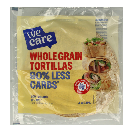 Whole grain tortillas from WeCare, low calorie and carb, shown as pizza and wrap options in a 160g pack.
