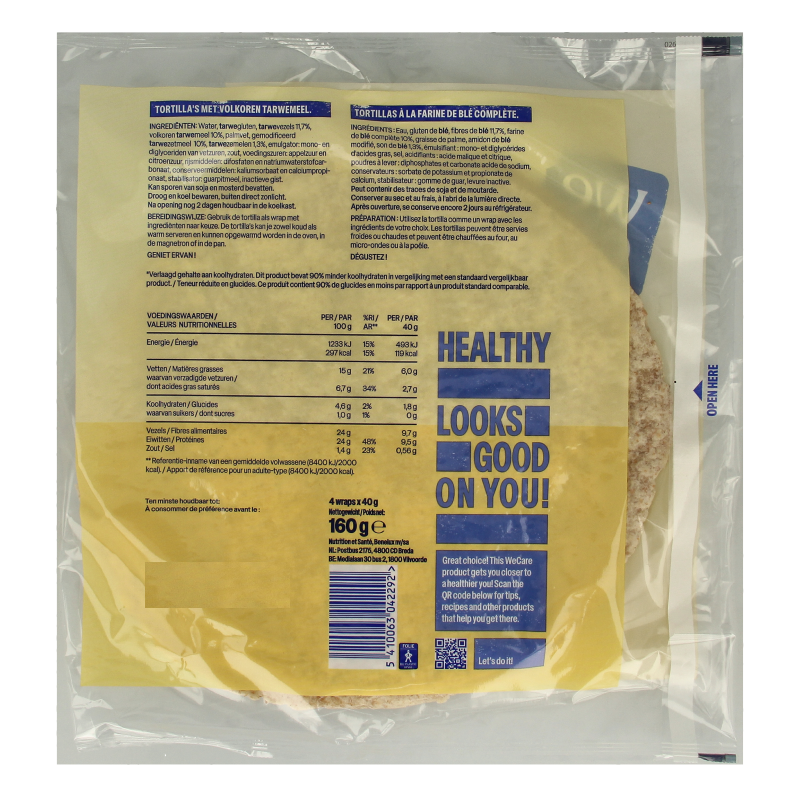 Whole grain tortillas by WeCare, 160g, ideal for pizza and wraps, featuring lower calories and carbs, shown in the image.
