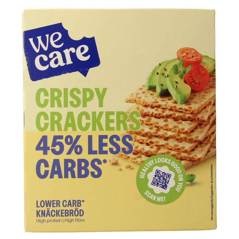 WeCare crispy crackers in a 100g package, low calorie and low carb snack, perfect for healthy snacking or on-the-go.