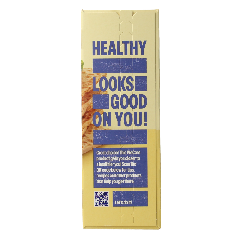WeCare lower calorie and low carb crispy crackers in a 100g pack, ideal for healthy snacks and light munching.